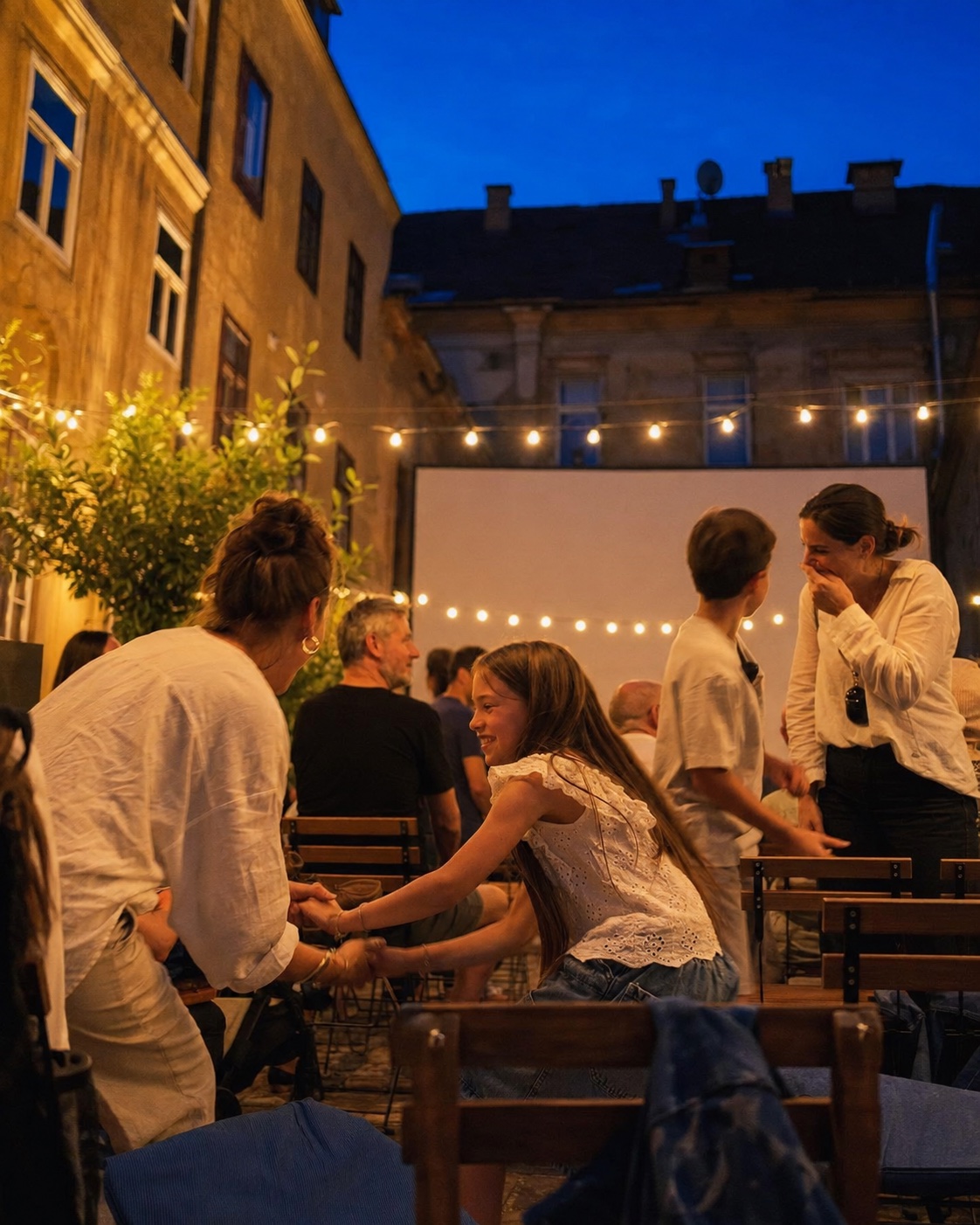 Friends and family enjoying an open-air evening in a Zagreb courtyard